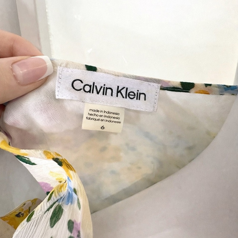 🎀 CALVIN KLEIN Romantic Floral Spring Midi Dress Puff Sleeve Ruffle Hem Sz 6 - Picture 9 of 9